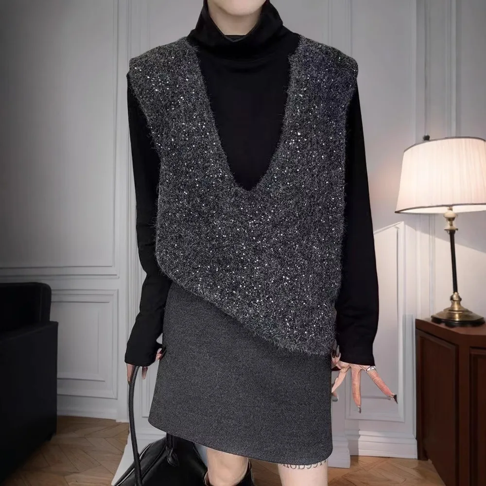 Dames bovenkleding jas retro stijl polyestervezel lang mode-element V-hals gebreid truivest met pailletten