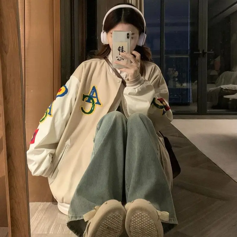 Retro American Patchwork Embroidered Letter Baseball Jacket Loose Korean Style Student Versatile Open Cardigan Coat for Women