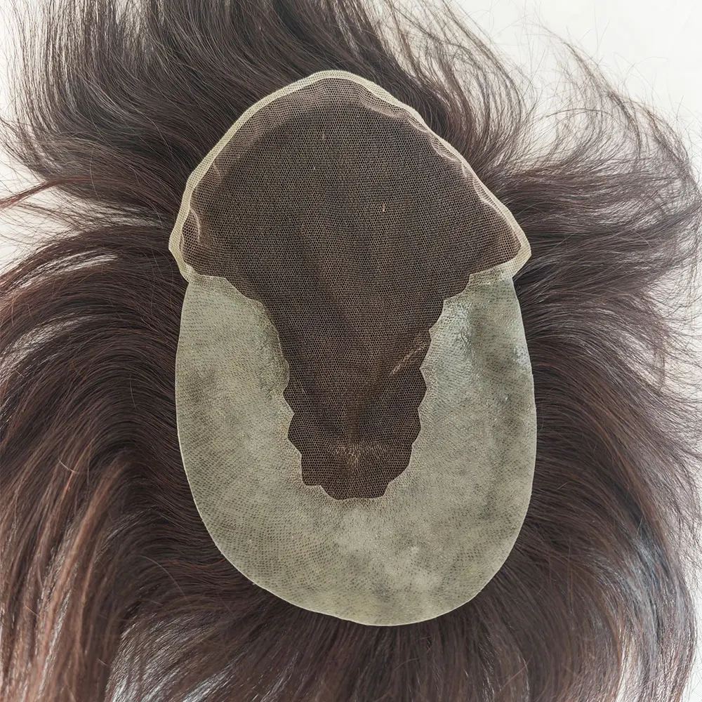 Q6 الدانتيل السويسري مع بو رجل شعر مستعار باروكة من شعر طبيعي نظام شعر ريمي هندي هيربيسي 2 #   اللون البني 6X9 بوصة