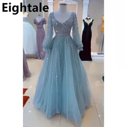 A Line Shinning V Neck Evening Dress Wedding Party Long Luxury Puff Sleeve Sequin Formal Prom Dress Dubai Party Gown Customized