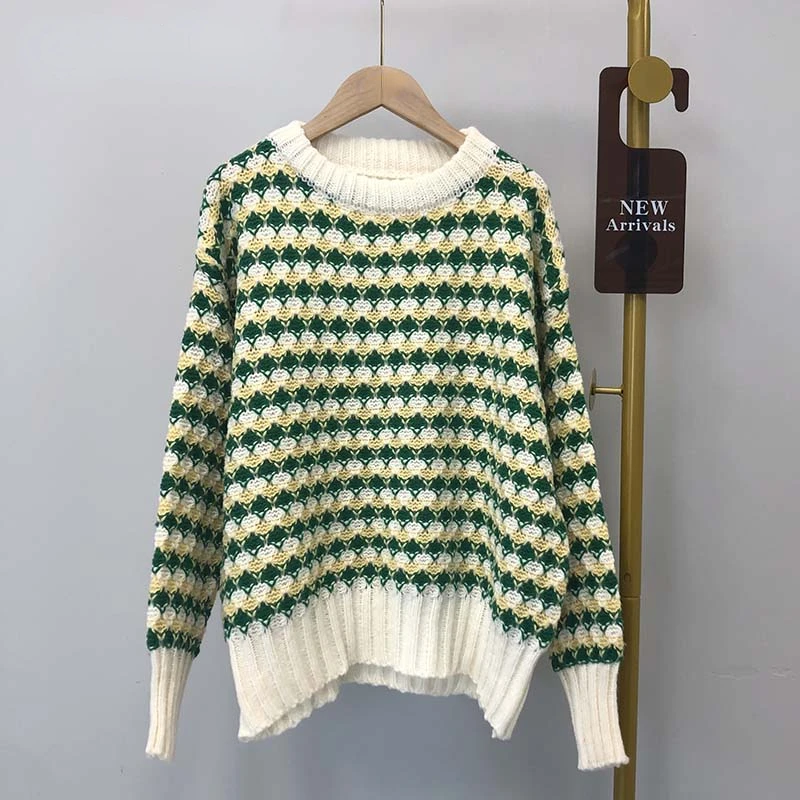 EBAIHUI Women Sweater O Neck Pullover Chic Thicken Striped Sweaters Winter Clothes Sweet Jumper Leisure Loose Knitwear