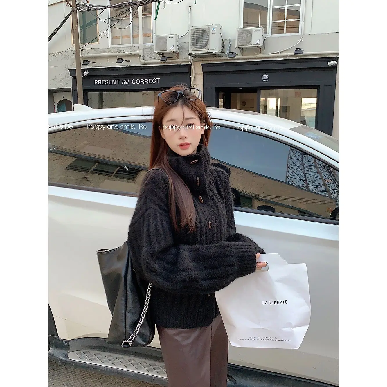 Chifre botão camisola jaqueta para mulher para o outono coreano novo macio glutinoso grosso gola solta manga longa malha topo