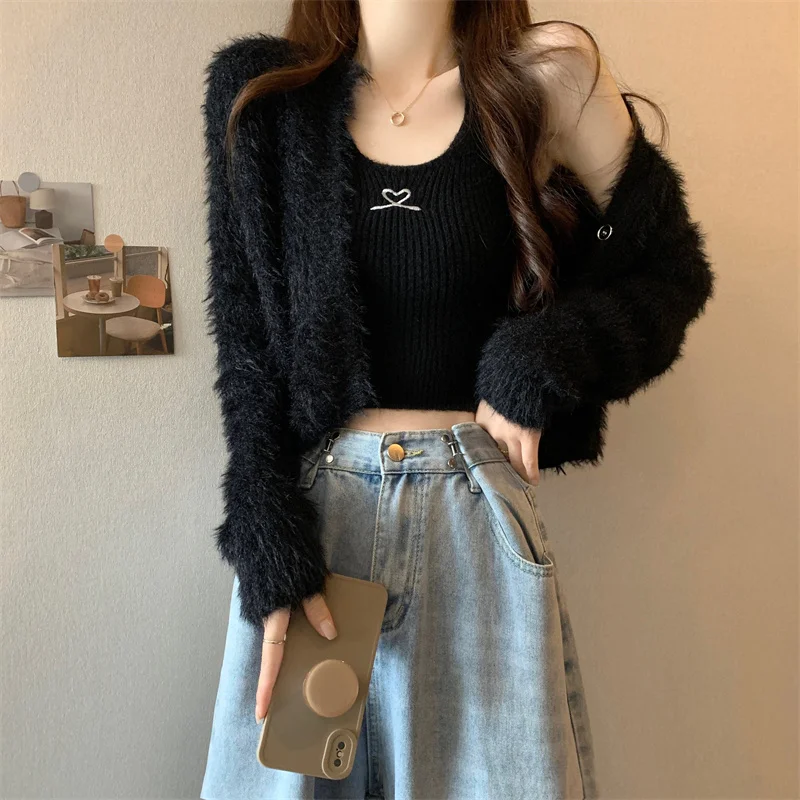 لينة فو فرو المنك سترة سترة سترة 2025 الخريف جديد الفرنسية محبوك 2 قطعة دعوى للنساء موضة سليم كاميس و لاعبا #6