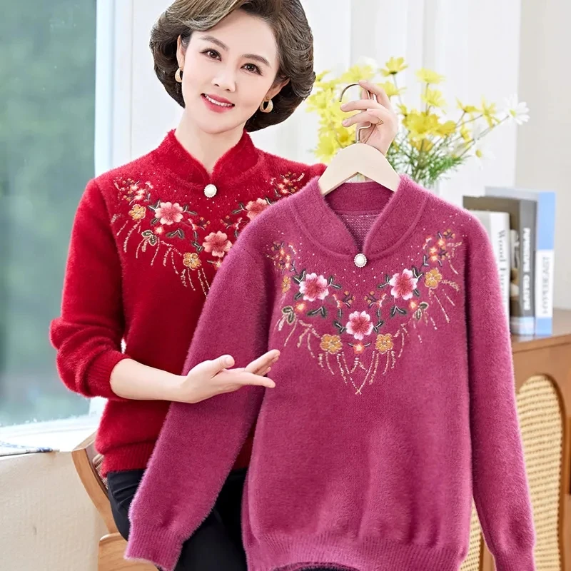 New Faux Mink Velvet Sweater Ladies Embroidered Autumn Winter Bottoming Shirt Middle aged Mother Clothes Female Knitted Sweater