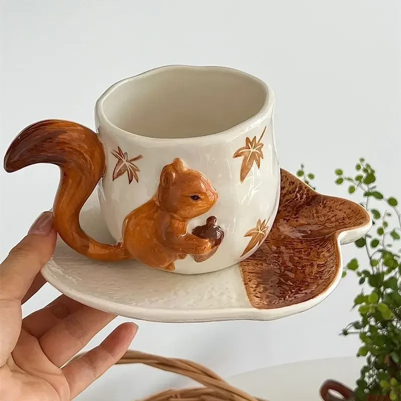 Cute 3D Squirrel Ceramic Cup 400ml Coffee Mug with Tray Saucer Afternoon Tea Coffee Cup Dish Set Latte Flower Cup for Gift