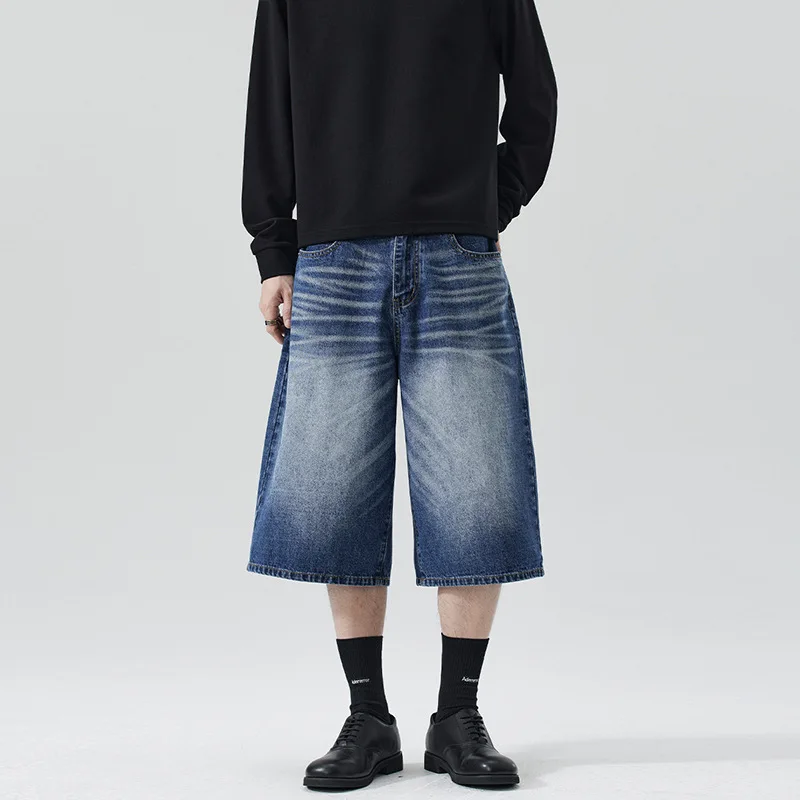2026 Summer Men Baggy Denim Shorts Vintage Wash Wide Leg Loose Knee Length Casual Streetwear Minimalist American Style
