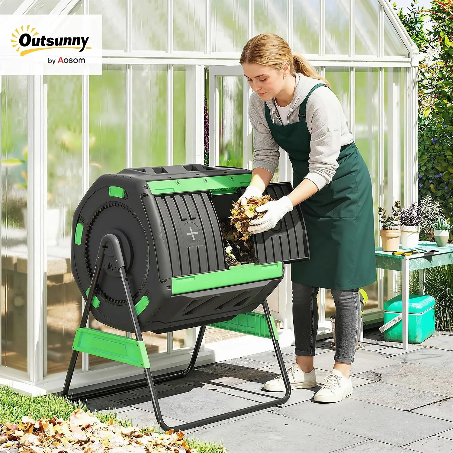 Compost Bin Outdoor, 53 Gal Dual Chamber Compost Tumbler, Green
