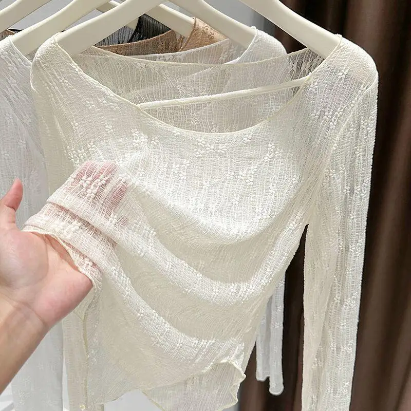 Summer Newwomen Stylish Spicy Girl Lace Bottom Shirt Thin Irregular Jacquard Lowcollar Slim Fit Fashion Versatile Sunscreencover
