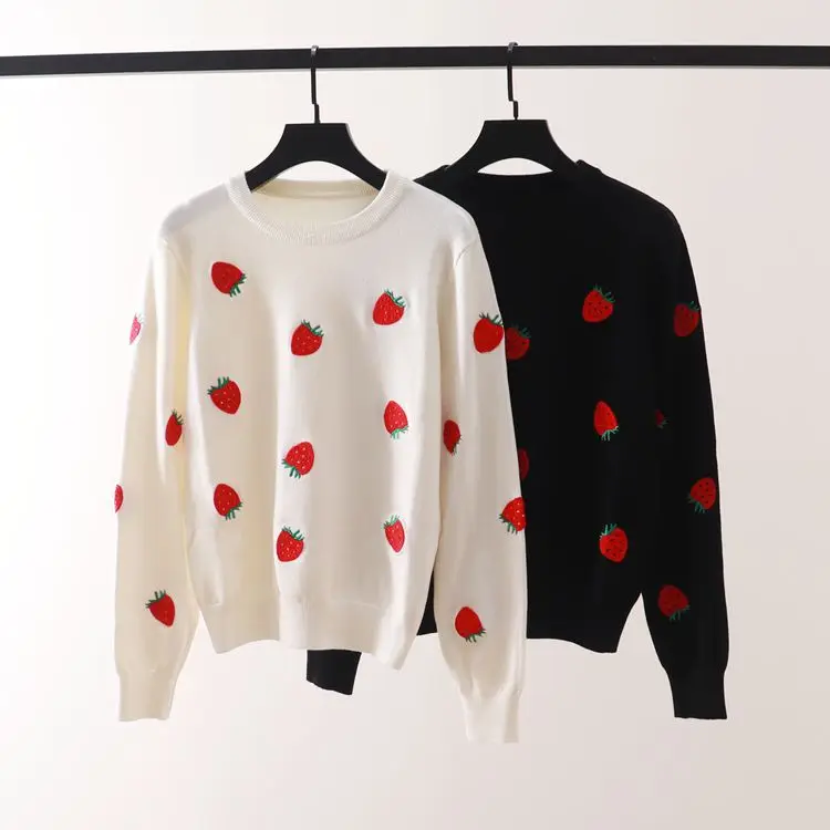 Autumn Winter New Cute Strawberry Embroidery Round Neck Women Long Sleeve Knitwear Fashion Laydown Female Sweater