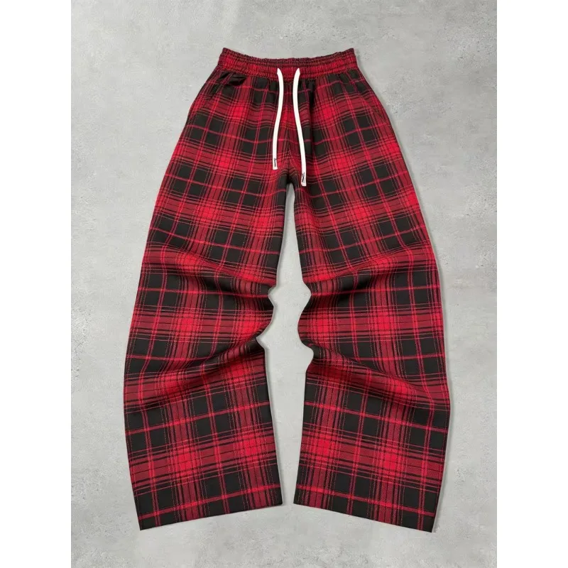 American Retro Red Herringbone Wide Leg Pants, High Street Loose Straight Leg Casual Pants, Unisex
