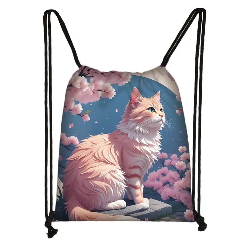 Animal Cat Cherry Blossom Japan Print Drawstring Bag Student Bookbags Women Storage Bags for Travel Portable Shoe Holder Gift