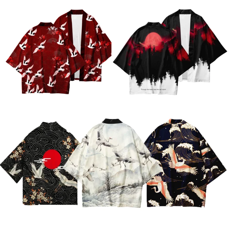 Summer Asian Traditional Costume Men Crane Printed Japanese Kimono Cardigan Harajuku Yukata Dark Style Black Haori Shirt Jacket