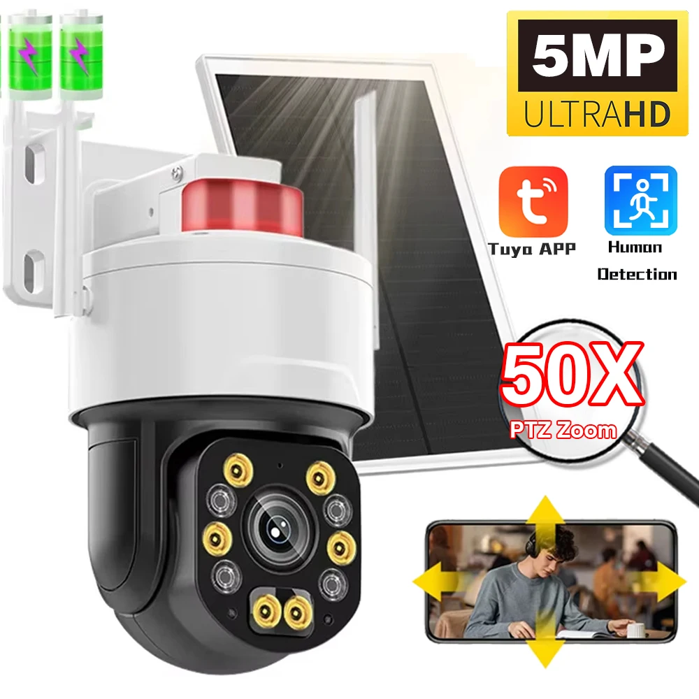 

5MP 50X Optical Zoom Human Detection PTZ Audio Surveillance IP Solar Camera CCTV Security WiFi Solar Panels Cam Tuya Smart Life