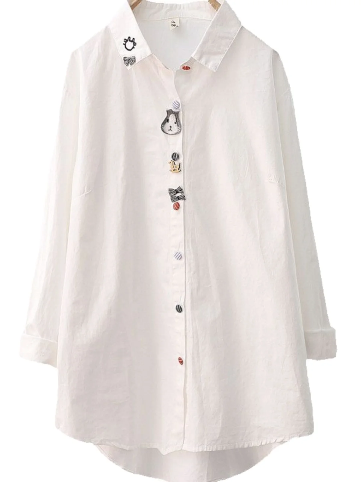 Trendy Embroidered White irt Women's Loose Long Sve Spring Autumn New Sle Korean Version Base Layer Top Cotton Blend