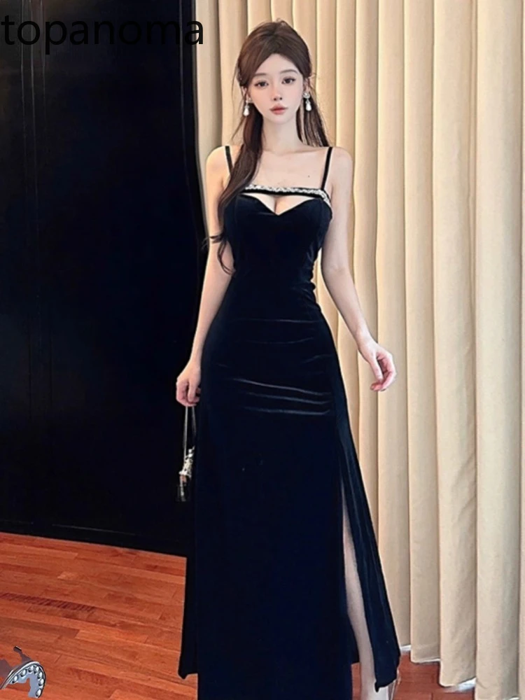 Topanoma Women Evening Dresses Rhinestone Sleeveless Hollow Out Slim Split Backless Cocktail Dress Party Prom Banquet Sexy