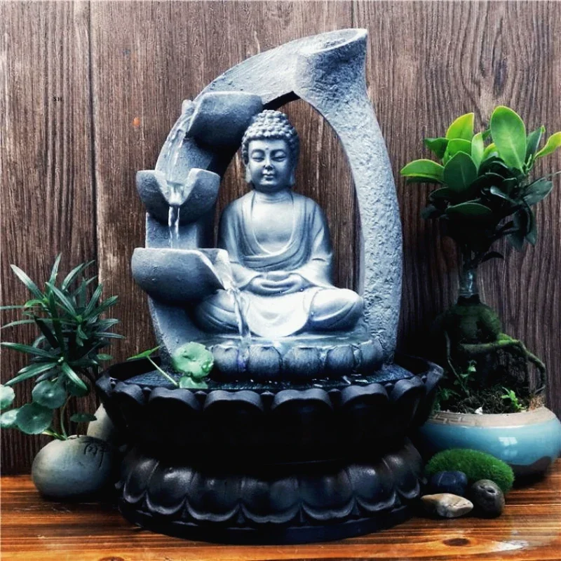 

Creative Resin Waterfall Fountain, Home LED Buddha Statue, Flowing Water Feng Shui Ornaments, Landscape Zen Decor