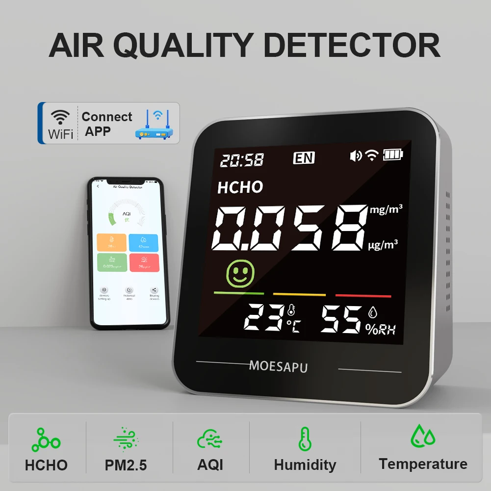 Bosean Air quality Monitor PM2.5 HCHO meter Temperature Humidity Monitor with Real sensors Home Air quality meter