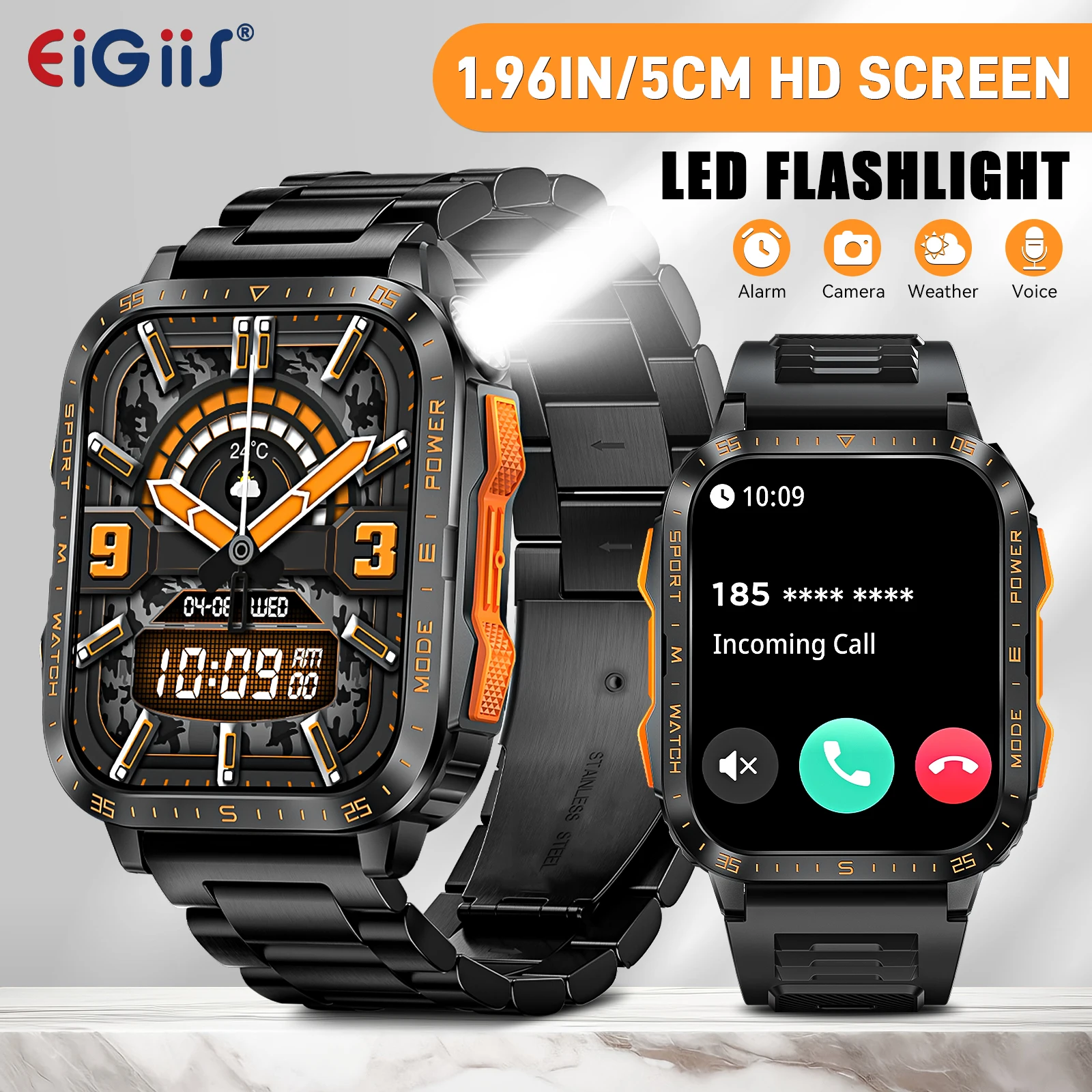 EIGIIS New Military Smart Watch 3ATM Waterproof Watch Fitness Tracker with Heart Rate Sleep Monitor MakeCalls for iPhone Android