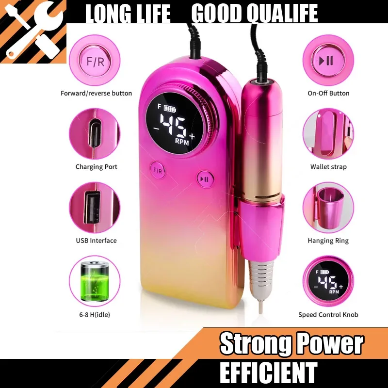 

Новая горячая дрель для ногтей 45000 об/мин, профессиональная перезаряжаемая электрическая пилочка для ногтей, беспроводная пилочка для ногтей E для акриловой гель-полировки ногтей