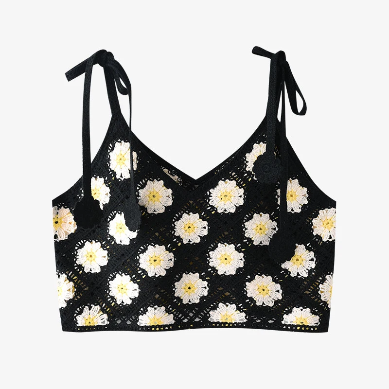 Daisy Crop Crochet Top with Tie Shoulder Open-knit Cami Tank Vest Women Teengirl Boho Summer Vacation Bohemian Beach Clothes