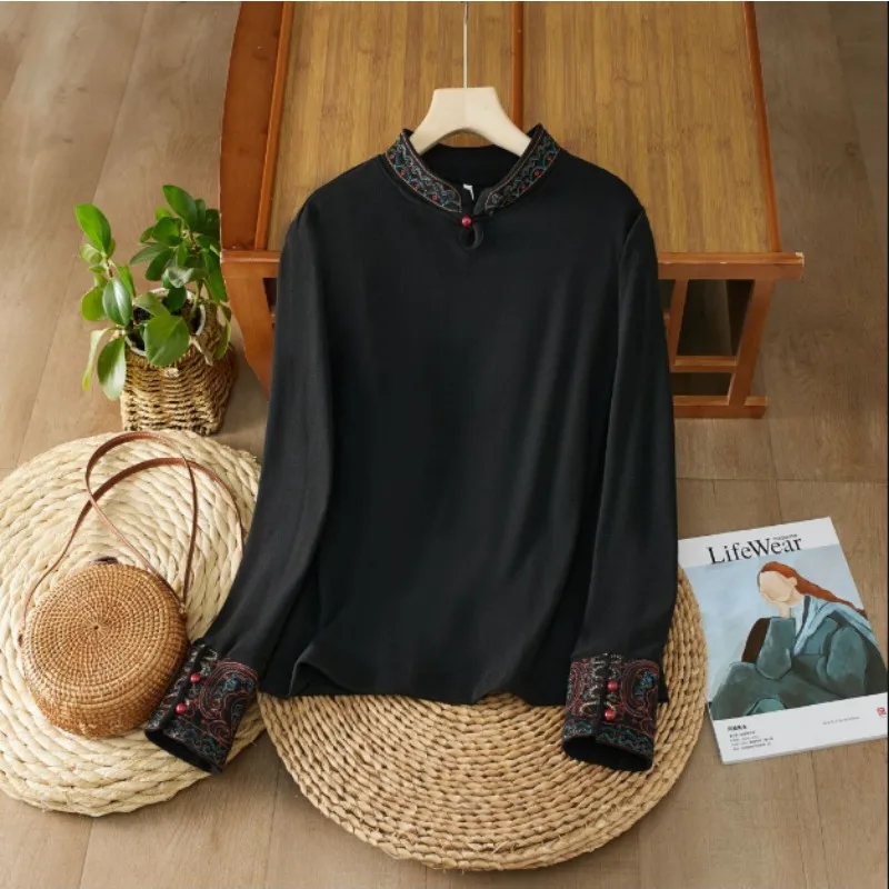 

Autumn Winter New National Style Women's Ethnic Retro Literary Embroidery High Collar Embroidered Bottoming Long-sleeved T-shirt