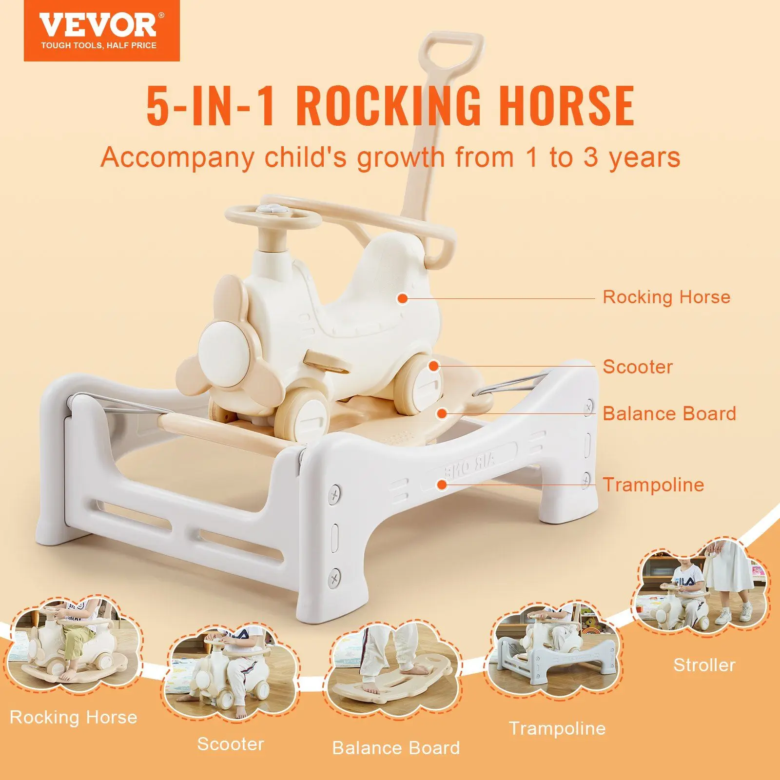 VEVOR 5 in 1 Rocking Horse for Toddlers 1-3 Years Ride on Toy with Trampoline