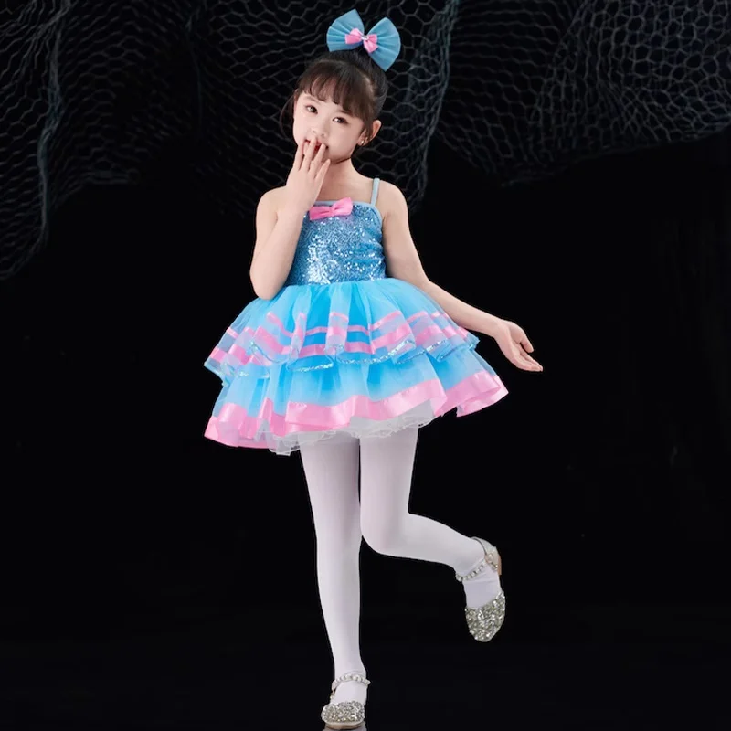 الترتر ملابس رقص الفتيات غنائية المعاصرة حرة الأزرق فستان رقص حديث الفتيات الأطفال مرحلة ارتداء مهرجان الاحتفال