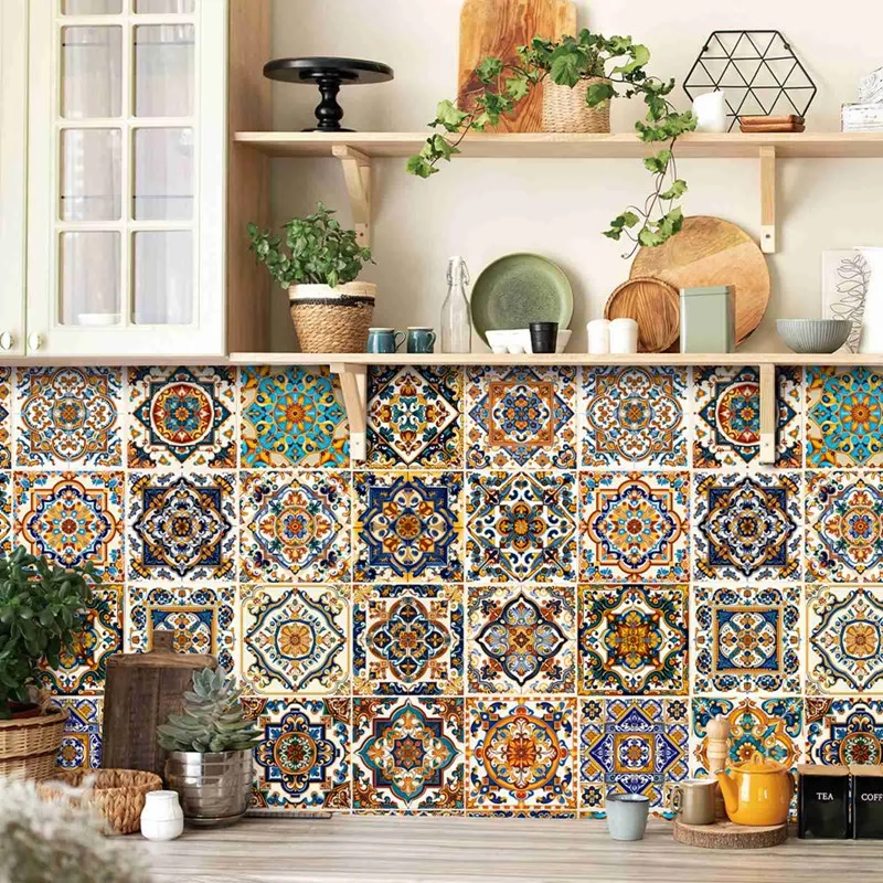 24pcs/Set Moroccan Art Self-Adhesive Wall Sticker Kitchen Bathroom Decoration PVC Waterproof Wallpaper Home Decal