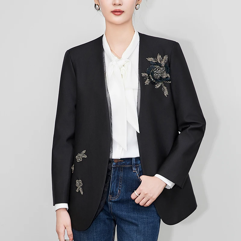 New Elegant Blazers for Woman Fashion Coats V-neck Long Sleeve Sequins Floral Women's Black Coat Slim Office Lady Blazer