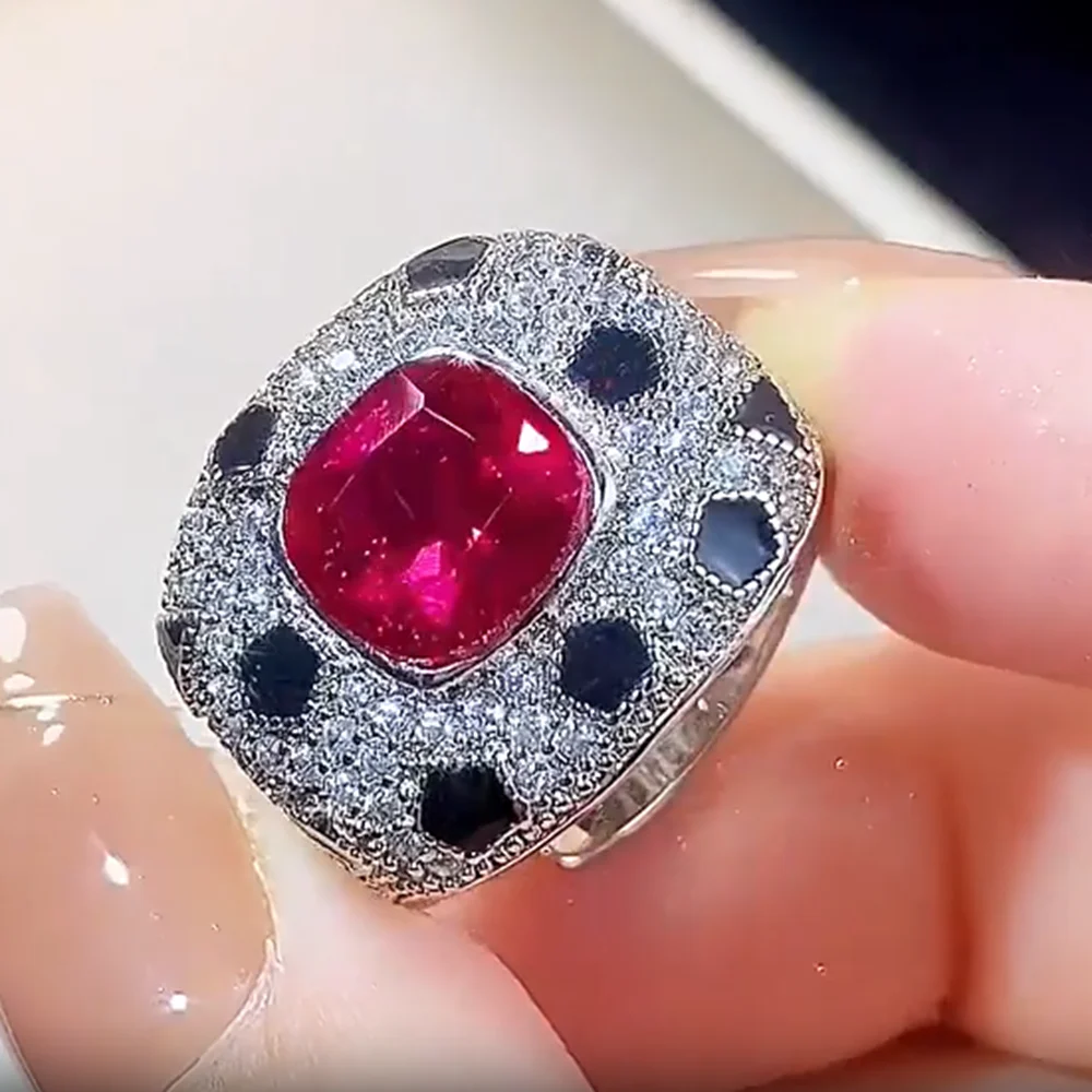 

8*8mm Cushion Cut Lab Created Ruby Red Gem Stone High Carbon Diamond Black Spots Leopard Style Rings Women Panther Jewelry 2024