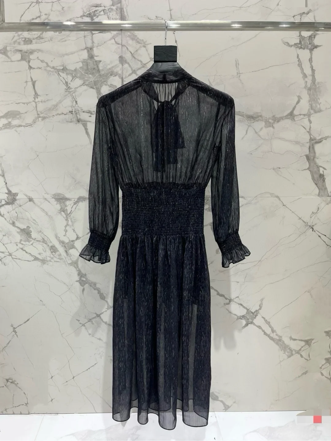 Women Sheer Long Sleeve Dress with Bow Tie Sash Elegant Sweet Bodycon Silhouette Spring Romantic Dress