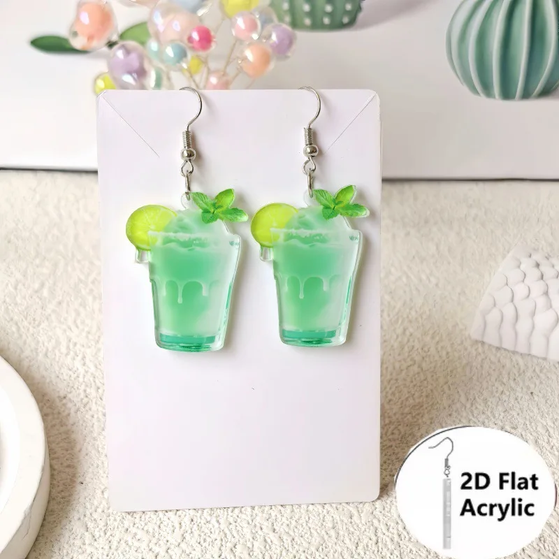 Summer Tropical Drink Acrylic Earrings 2D Flat Lime Mint Green Drink Dangle Earrings Seaside Vacation Party Women Jewelry Gift