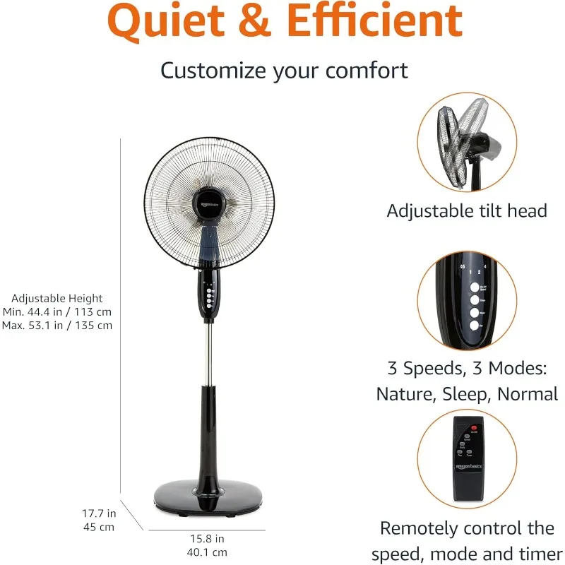 3-Speed/12-Speed Standing Fan for Home, with Oscillating Dual Blades, AC Motor, With Remote Control, Timer