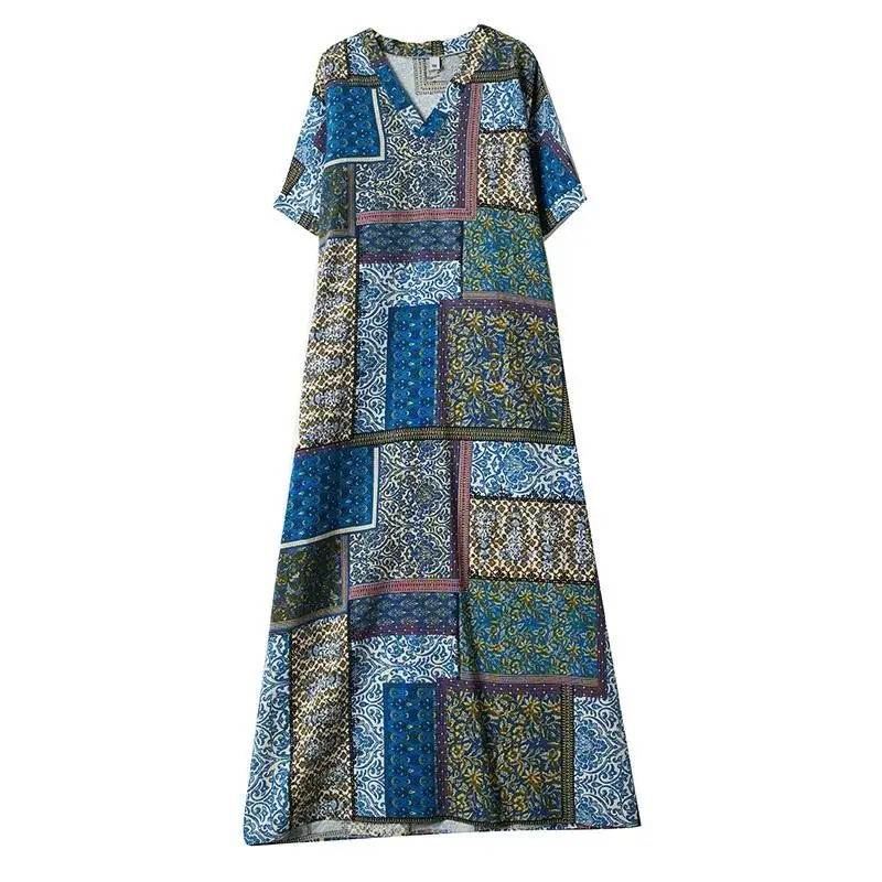 باندانا الخامس الرقبة حجم كبير فساتين متوسطة الطول الأزهار خمر مع جيب المرأة عادية فضفاض ماكسي فستان صيفي طويل بوهو رداء الملابس