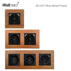 16A EU Neutral 1 2 3 Wood Wall Frame Euro French Russia Standard Wall Electrical Power Socket with Type A C USB Retro Style