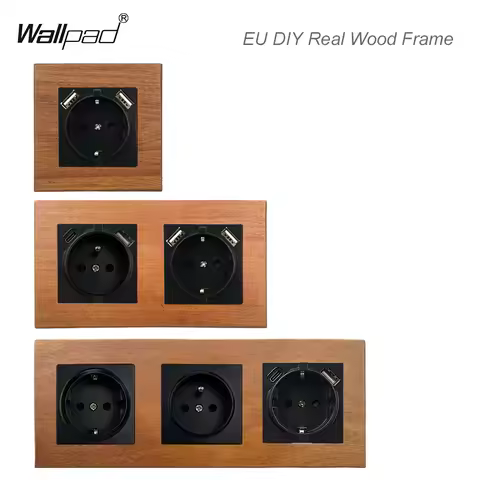 16A EU Neutral 1 2 3 Wood Wall Frame Euro French Russia Standard Wall Electrical Power Socket with Type A C USB Retro Style