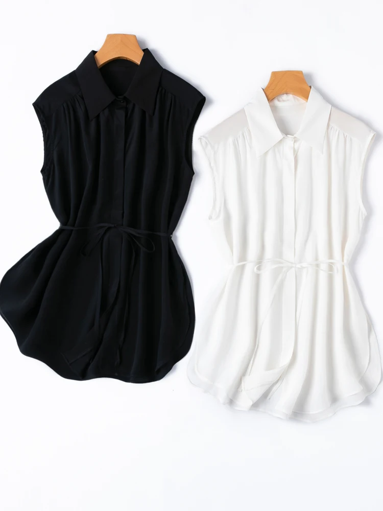 Simple Commuting 100%Natural Mulberry Silk Crepe De Chine Temperament Style Sleeveless Square Neck Black/White Solid Color Shirt