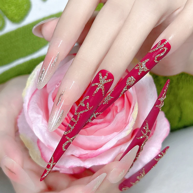 

14 предметов (4 длинные + 10 коротких в подарок) Набор для ногтей Littini с красными блестками ручной работы Блестящие праздничные наборы для мероприятий (лучшего niż) Популярные наборы