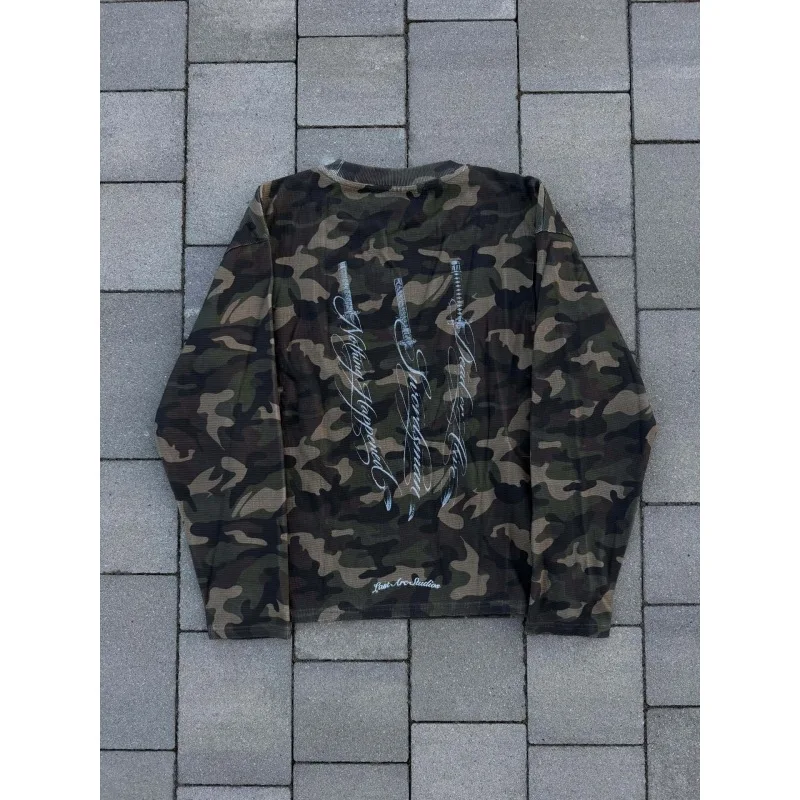 European and American Cross Border Y2K Streetwear Unisex Waffle Knit Long Sleeve T Shirt Camo Vintage Tiger Print Loose Versatil
