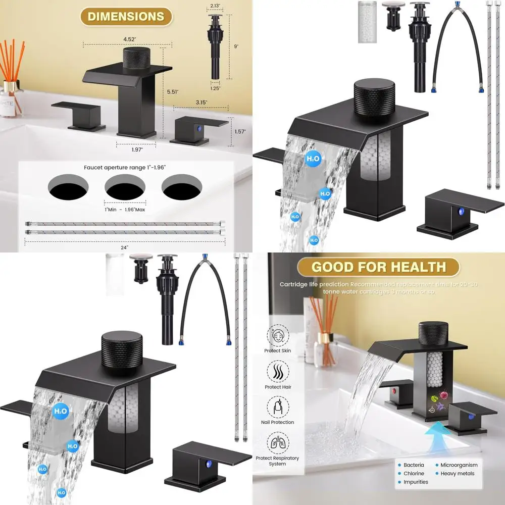 

8 Widespread 3-Hole Waterfall Faucet with Filter & Metal Drain for Bathroom Vanity Sinks & RVs