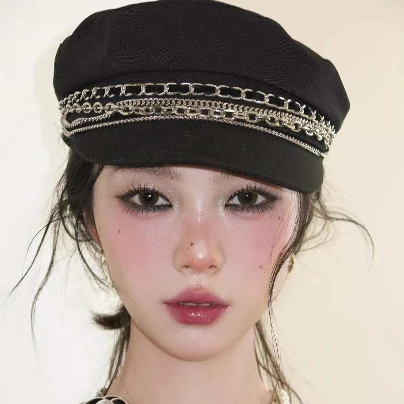 Stylish Navy Sun Hat Casual Military Hats for Women Cotton Beret Flat Cap Captain's Cap Outdoor Casual Chain Letter Hat Boinas