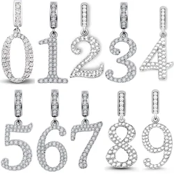 925 Sterling Silver Plated 0-9 Number Dangle Charm Bead Fit  Original Bracelet Necklace DIY Women Jewelry