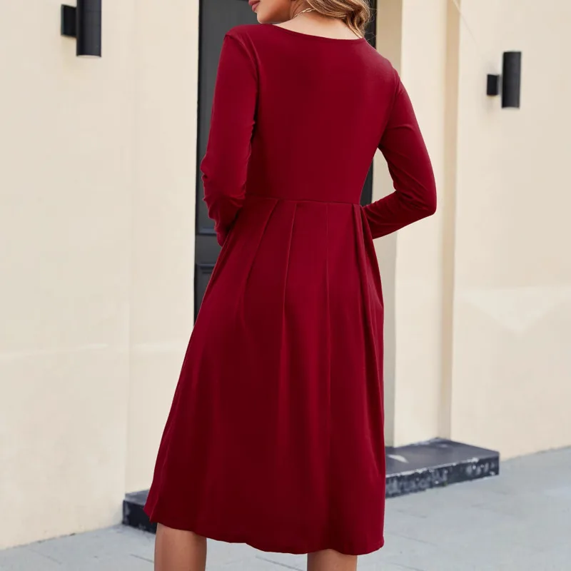 HKSH Frühling Herbst Neue frauen Kleid Oansatz Langen Ärmeln Taille Cinching Einfarbig Plissee A-line Trendy Casual Kleider HK14496