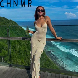 CHNMR Chic 3D Floral Backless Knitted Maxi Dress Women Holiday Beach Sleeveless Long Dresses Female Summer Fashion Lady Robe