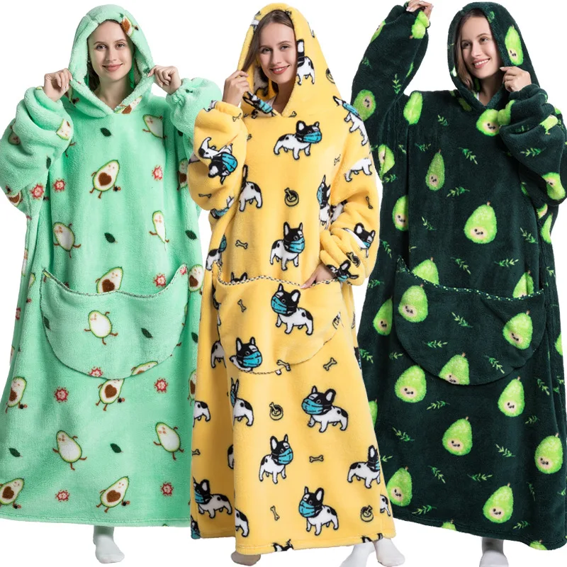 Long Winter Women Robe Unisex Flannel Fleece Hooded Blanket with Big Pockets Warm Adult Homewear Family Mactching Set Sleepwear