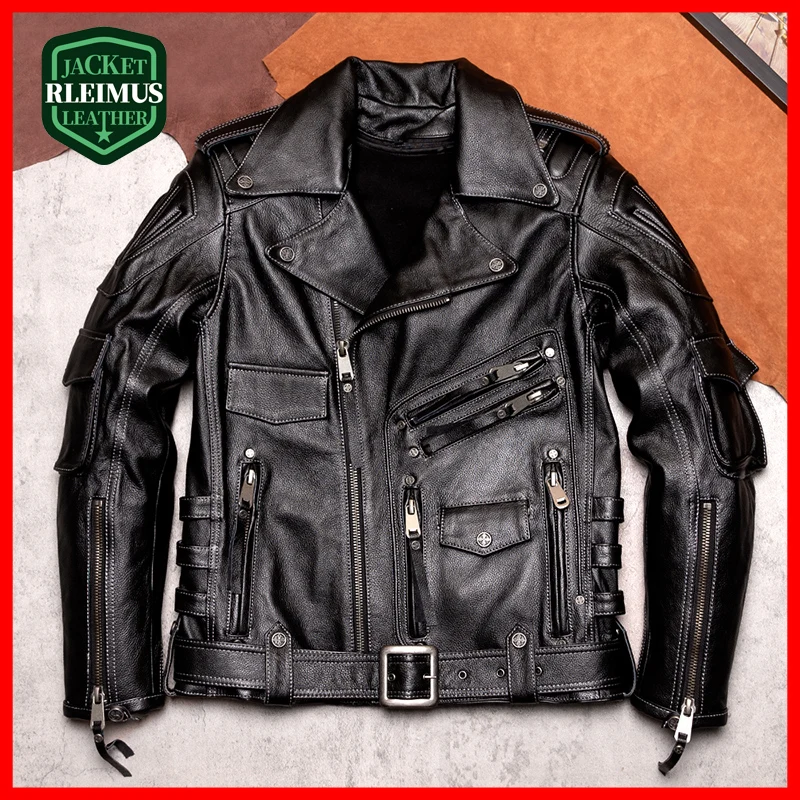 

Men Motorcycle Jacket Motorcycle Cowhide Coat Genuine Leather Vintage Lapel Cycling Jersey Large Size Casual Soft Leather Jacket