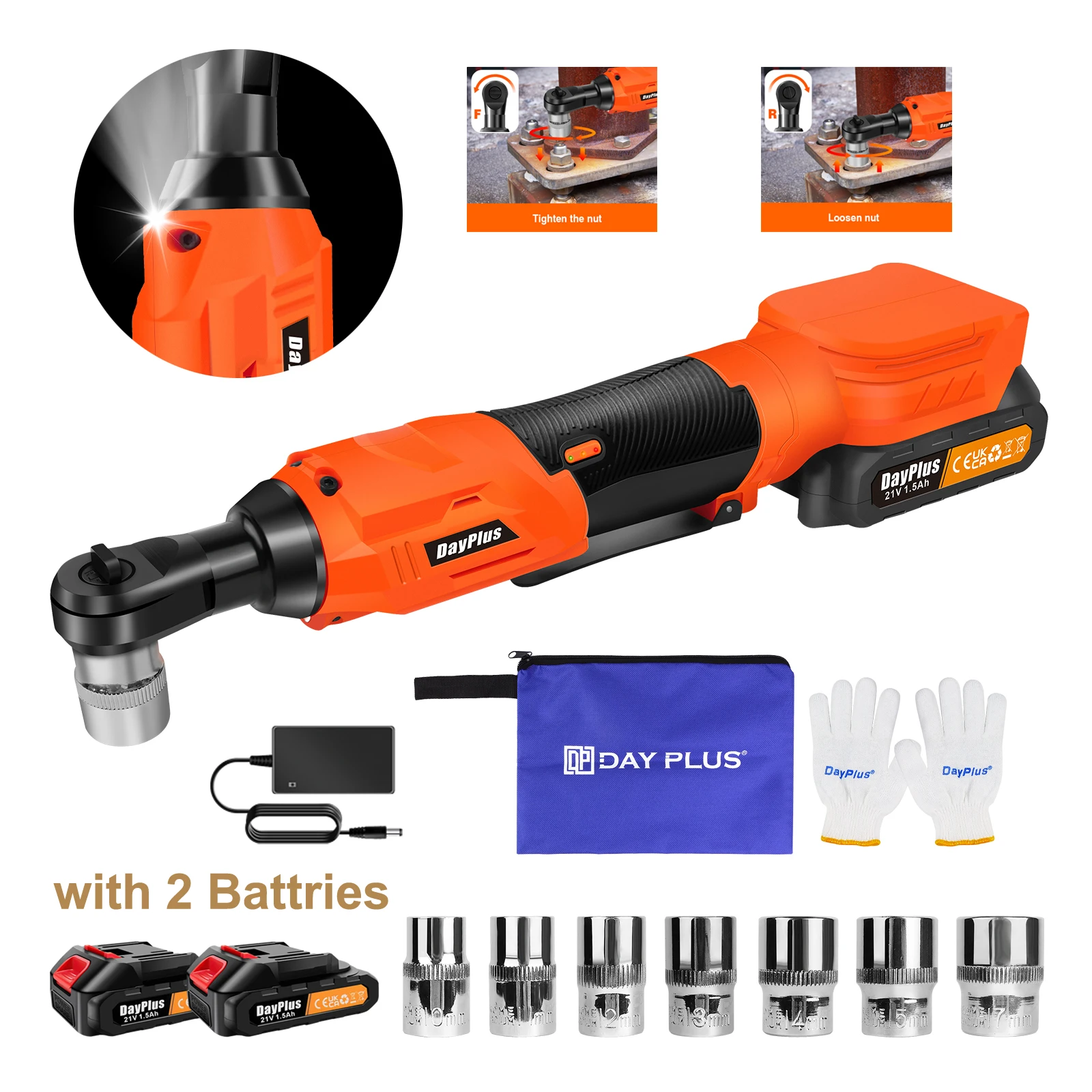 BRIEFNESS Cordless Right Angle Impact Wrench 120NM Ratchet Wrench Disassembly Nut Car Maintenance Tool W/7 Sockets & 2 Batteries