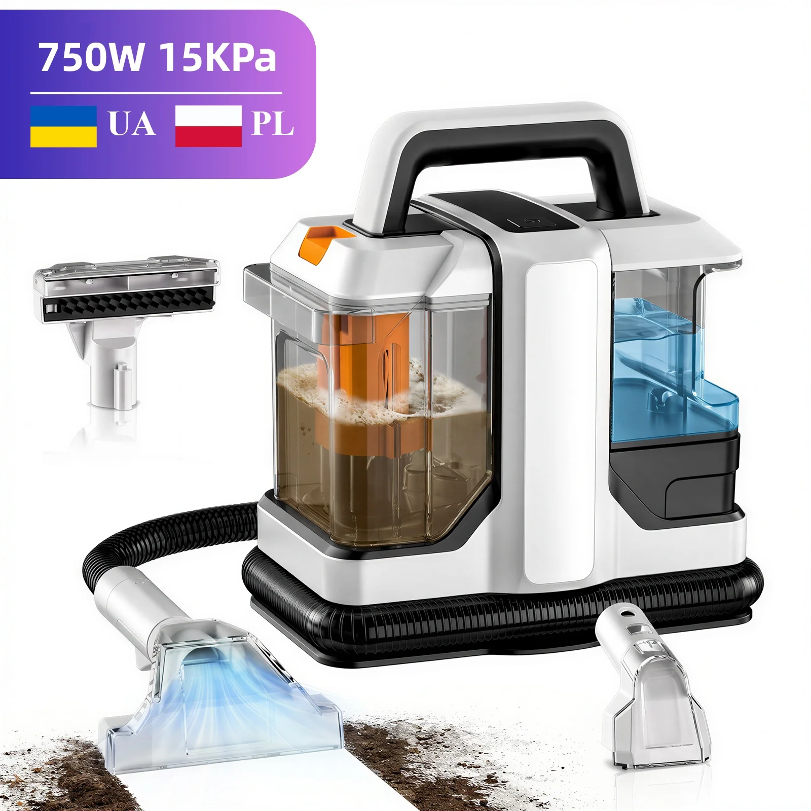 Limpiadora de Alfombras Portátil de 750W, 15KPa, con Potente Succión y Pulverización, Limpiador de Manchas Portátil para Tapicería, Pisos, Sofás y Autos