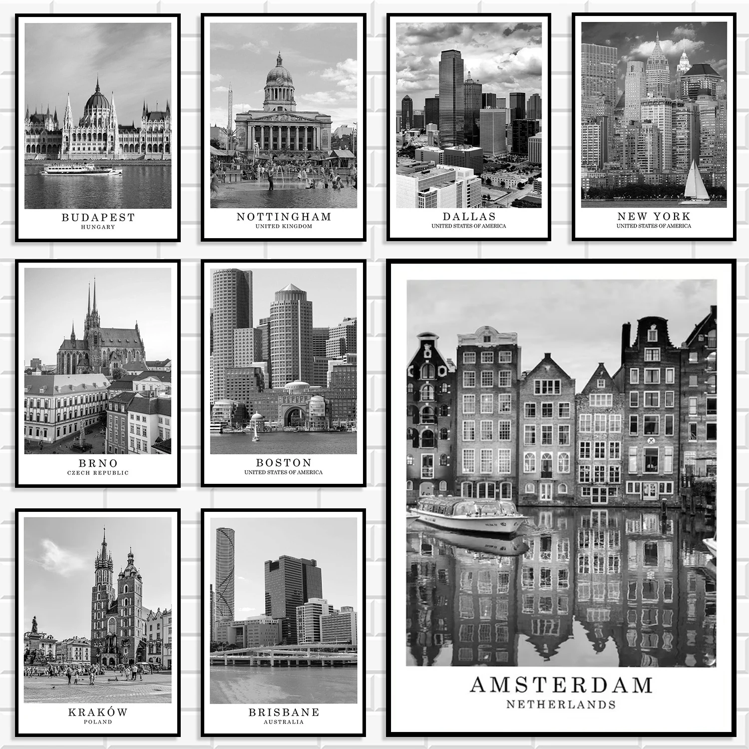 Vintage Black and White Global City Wall Art World Travel Landmark Poster Amsterdam New York Budapest Canvas Print Home Decor