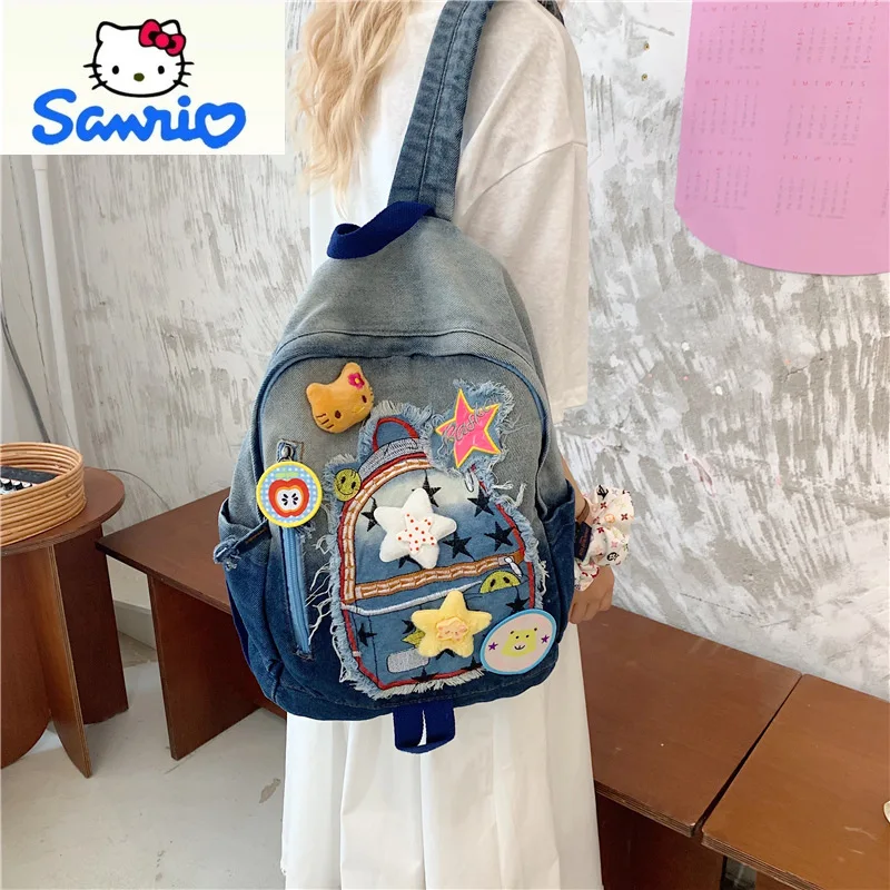 Sanrio Fashion Retro Cowboy Color blocked Backpack Student Sweet and Cute Cartoon Hello Kitty Large Capacity Backpack